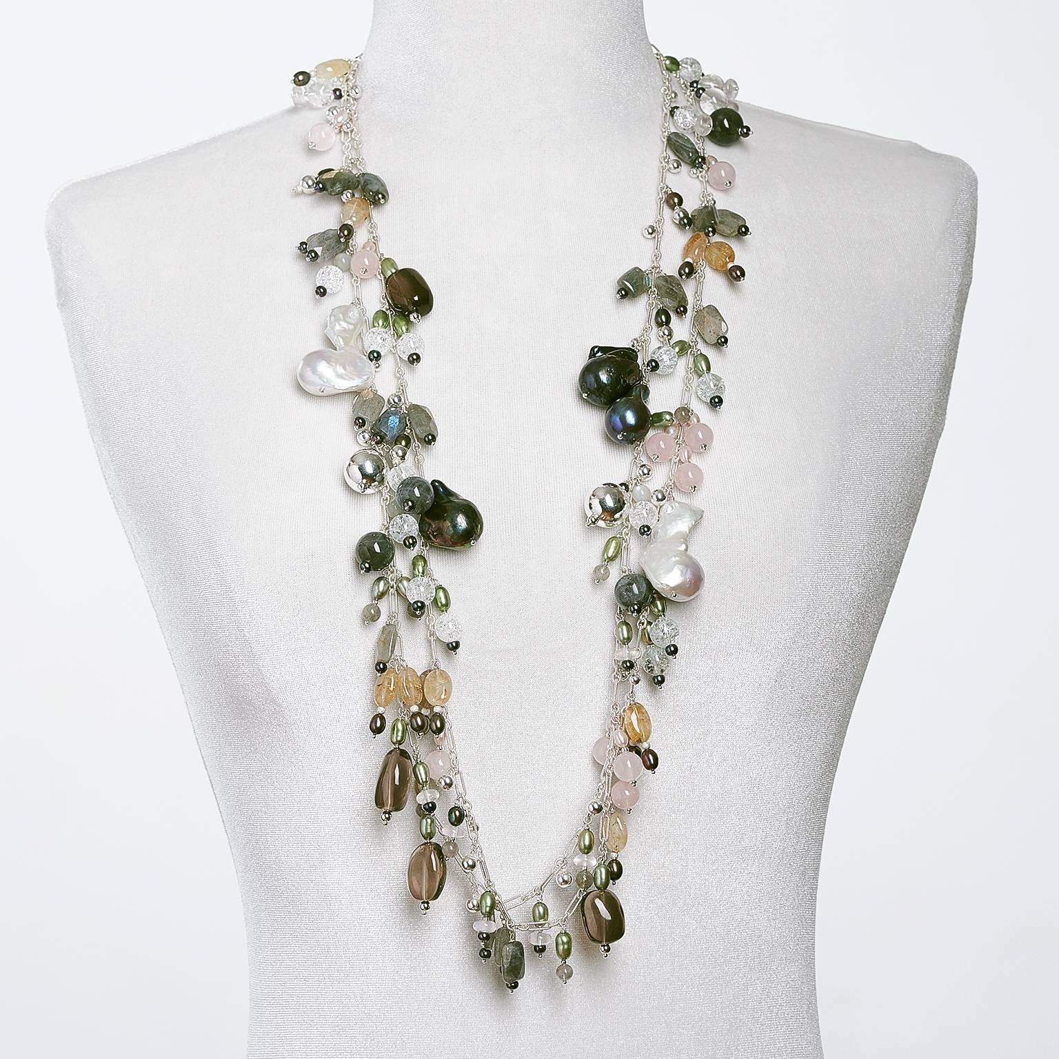 Rock Lily ( NEW ) Cultured Black Baroque Pearl Multicolored Opera Drop Necklace For Sale 3