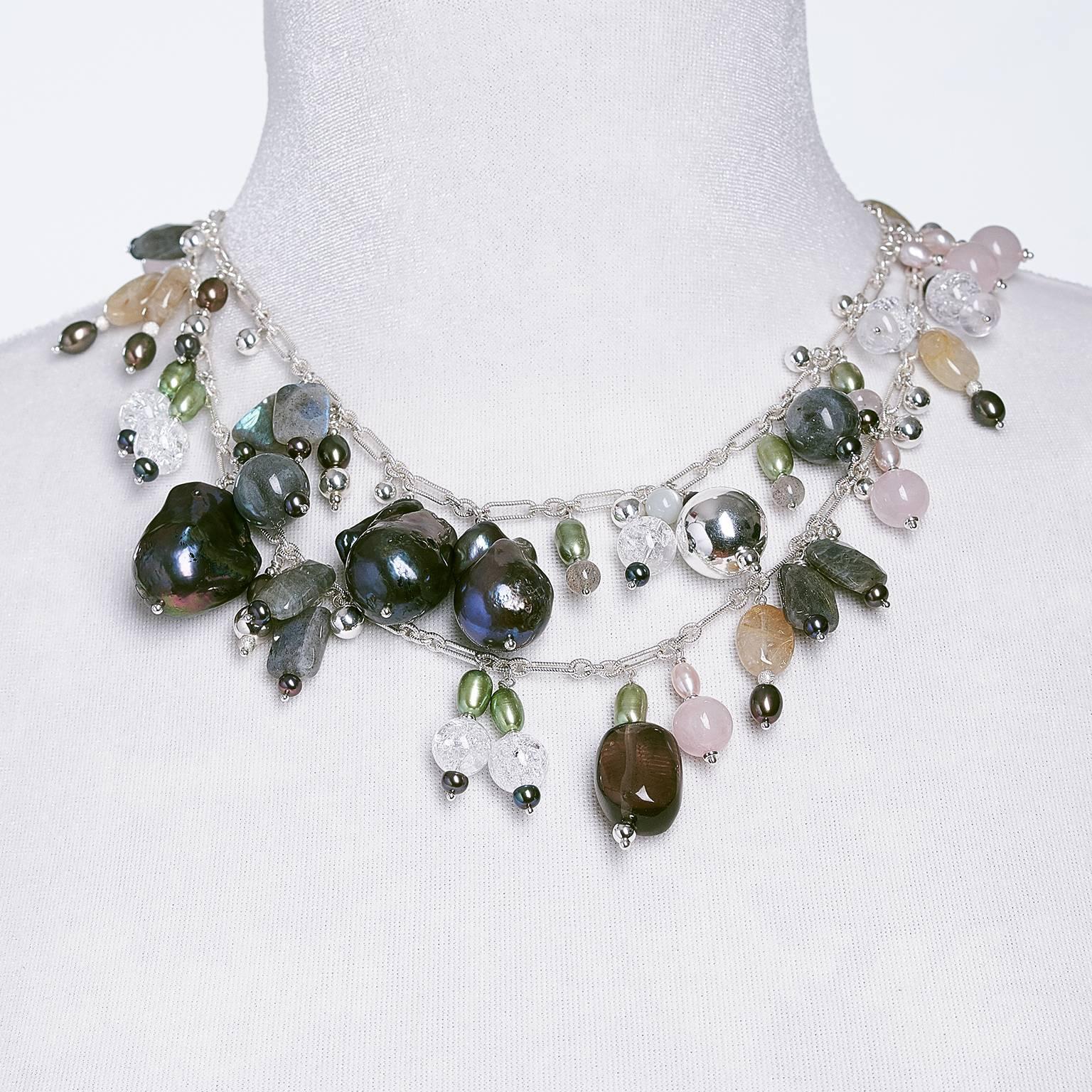 Contemporary Rock Lily ( NEW ) Cultured Black Baroque Pearl Multicolored Opera Drop Necklace For Sale