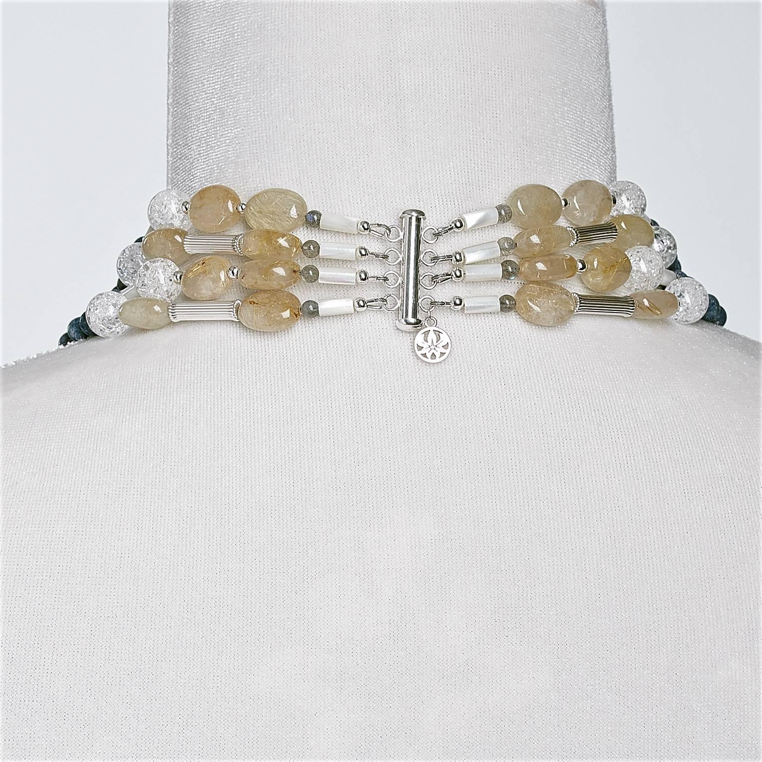 Round Cut Rock Lily ( NEW ) Coral Crystal Labradorite Rutilated Quartz Layered Necklace For Sale