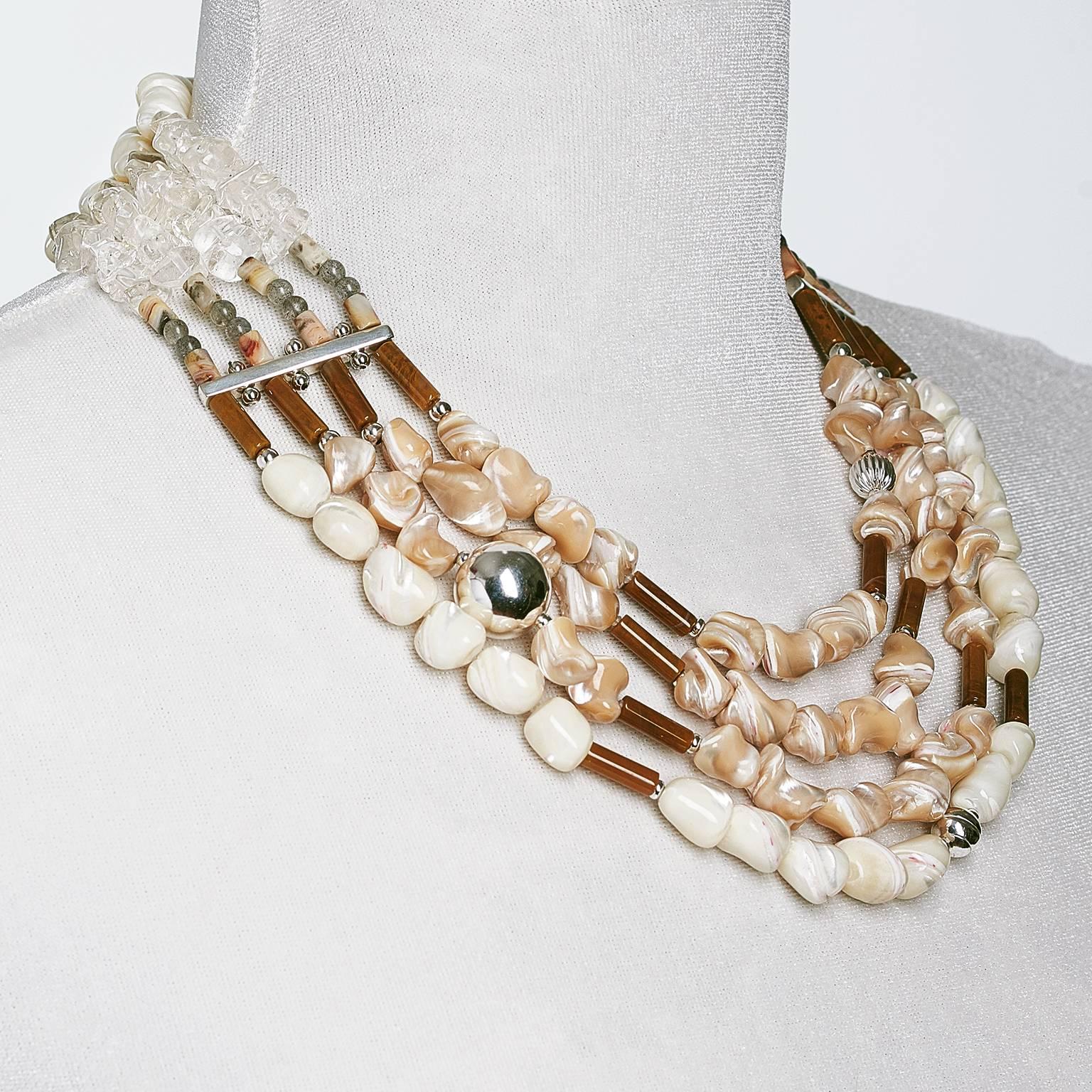 Round Cut Rock Lily ( NEW ) Mother-of-Pearl Nugget Crystal Onyx Bead Layered Necklace For Sale
