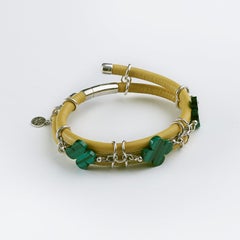 Rock Lily ( NEW ) Yellow Leather Bangle Bracelet With Malachite Clovers