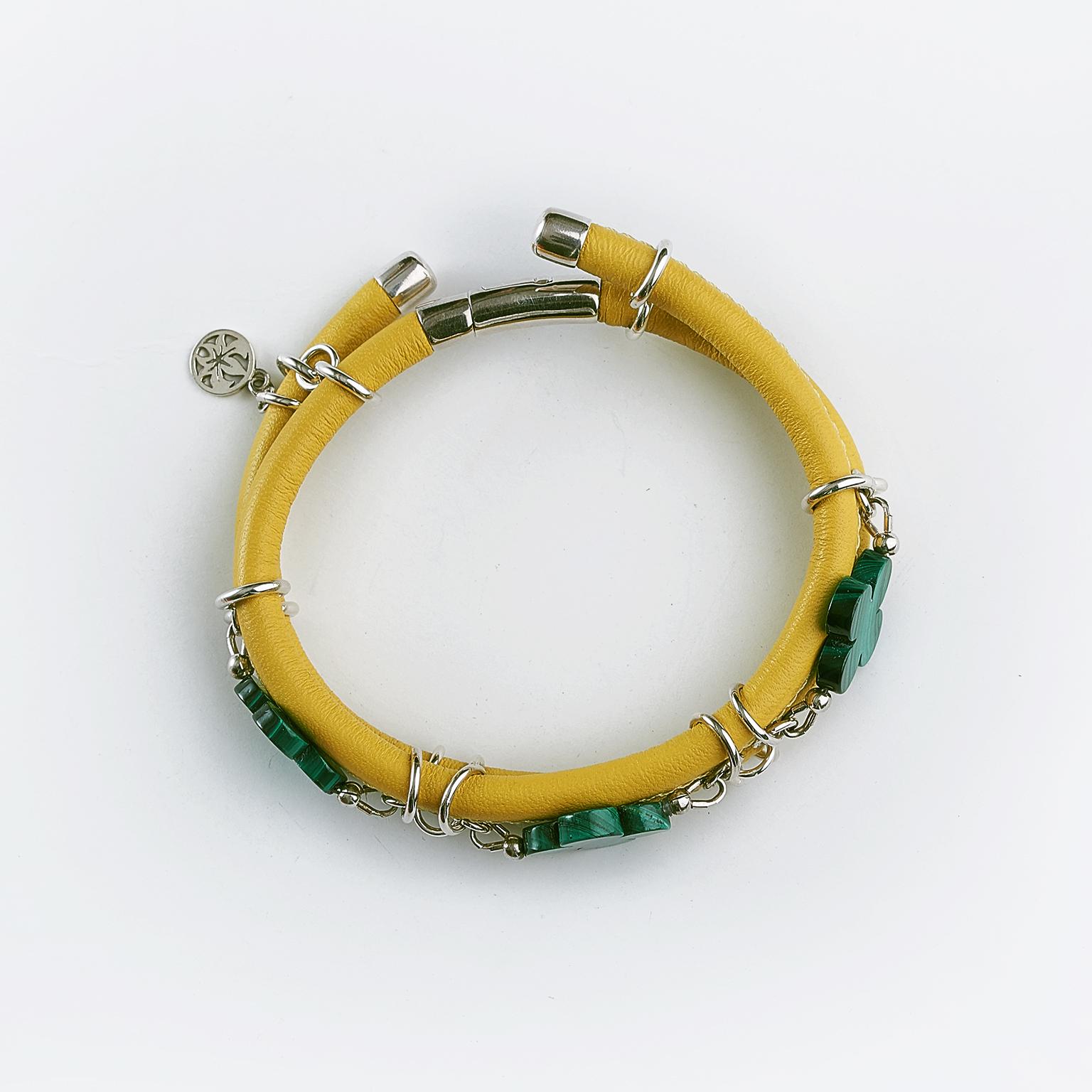 Contemporary Rock Lily ( NEW ) Yellow Leather Bangle Bracelet With Malachite Clovers For Sale
