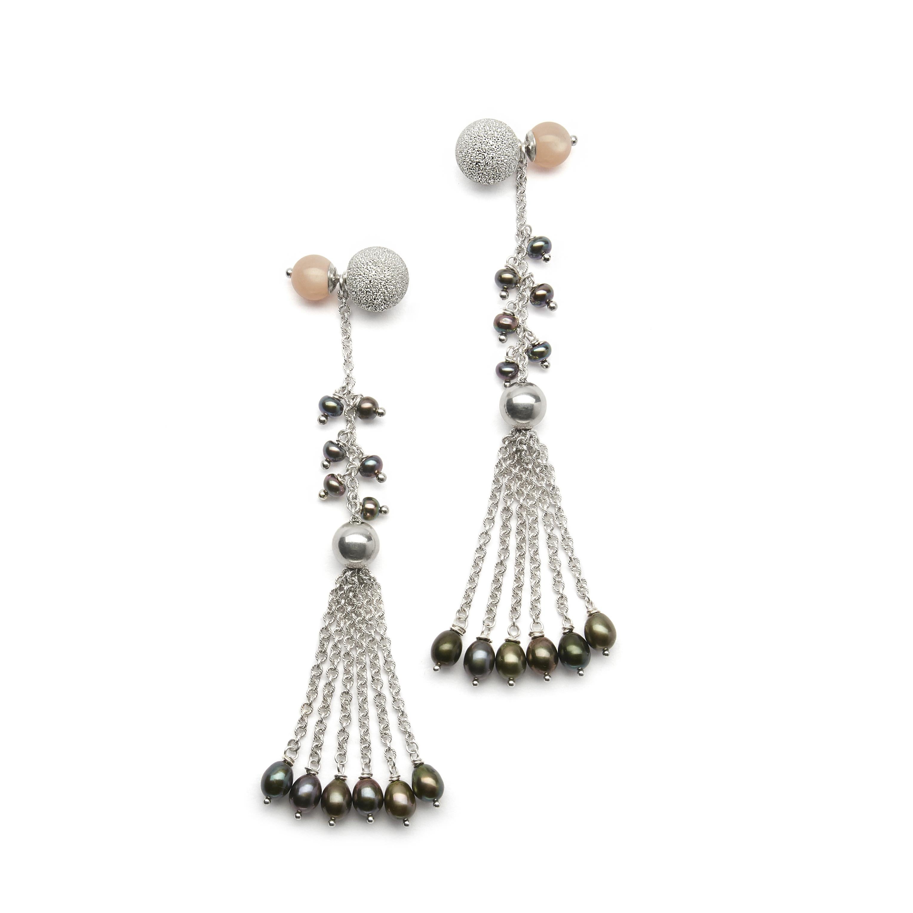 Contemporary Rock Lily ( NEW ) Pearl & Peach Moonstone Detachable Tassel Stud Drop Earrings   For Sale