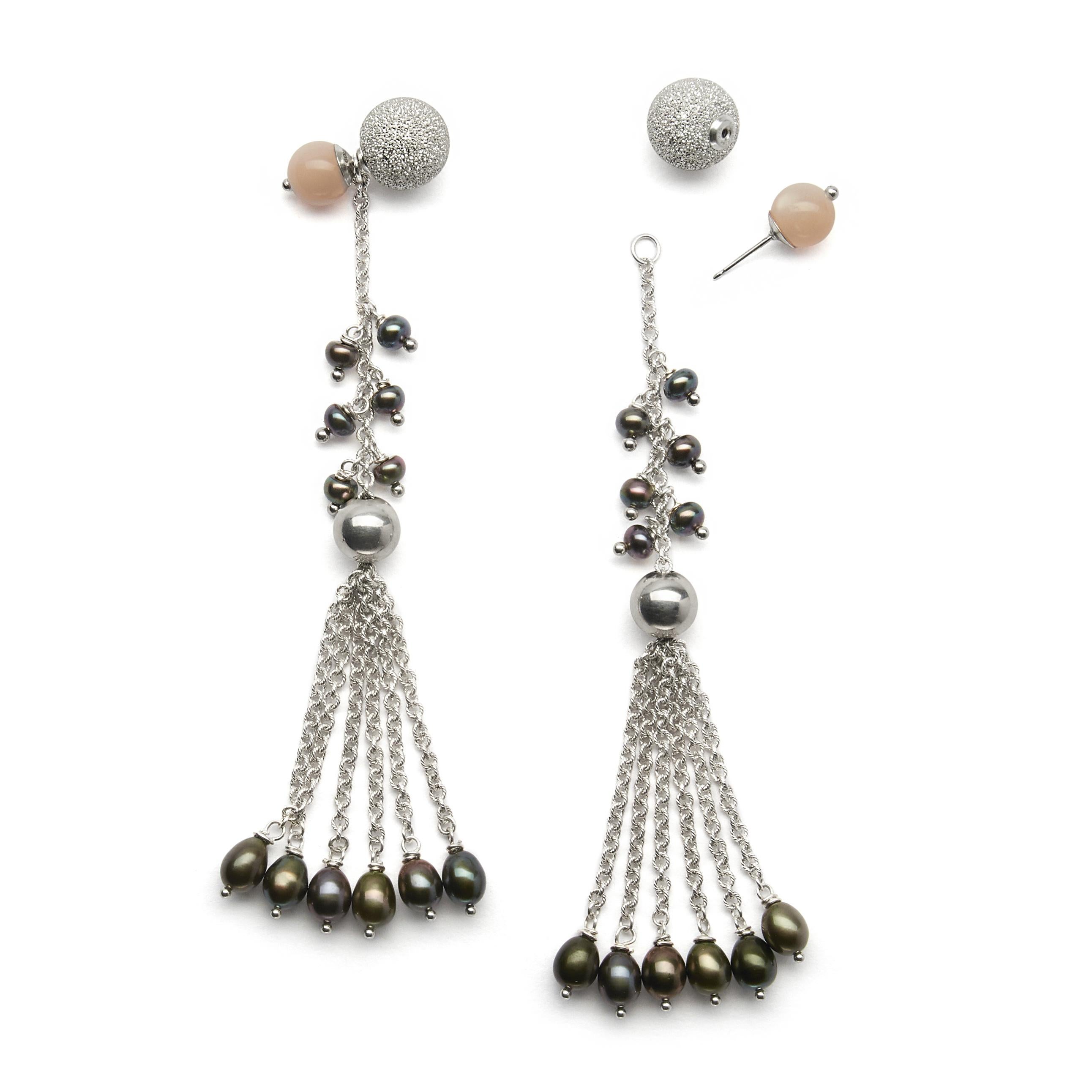 The classic and feminine earrings can warn as a captured through the perfect combination of peach moonstone & black cultured pearls, connected by a sterling silver chain tassel in these stunning two-in-one earrings. The bottom part of the earring is