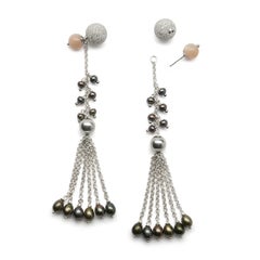 Rock Lily ( NEW ) Pearl & Peach Moonstone Detachable Tassel Stud Drop Earrings