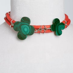 Rock Lily ( NEW ) Orange Leather Double Choker With Malachite Clovers