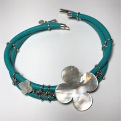 Rock Lily ( NEW ) Turquoise Leather Choker With Mother-Of-Pearls Clovers
