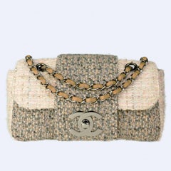 Chanel 2004 Vintage Small Rare Tweed Cream Beige Classic Flap Bag