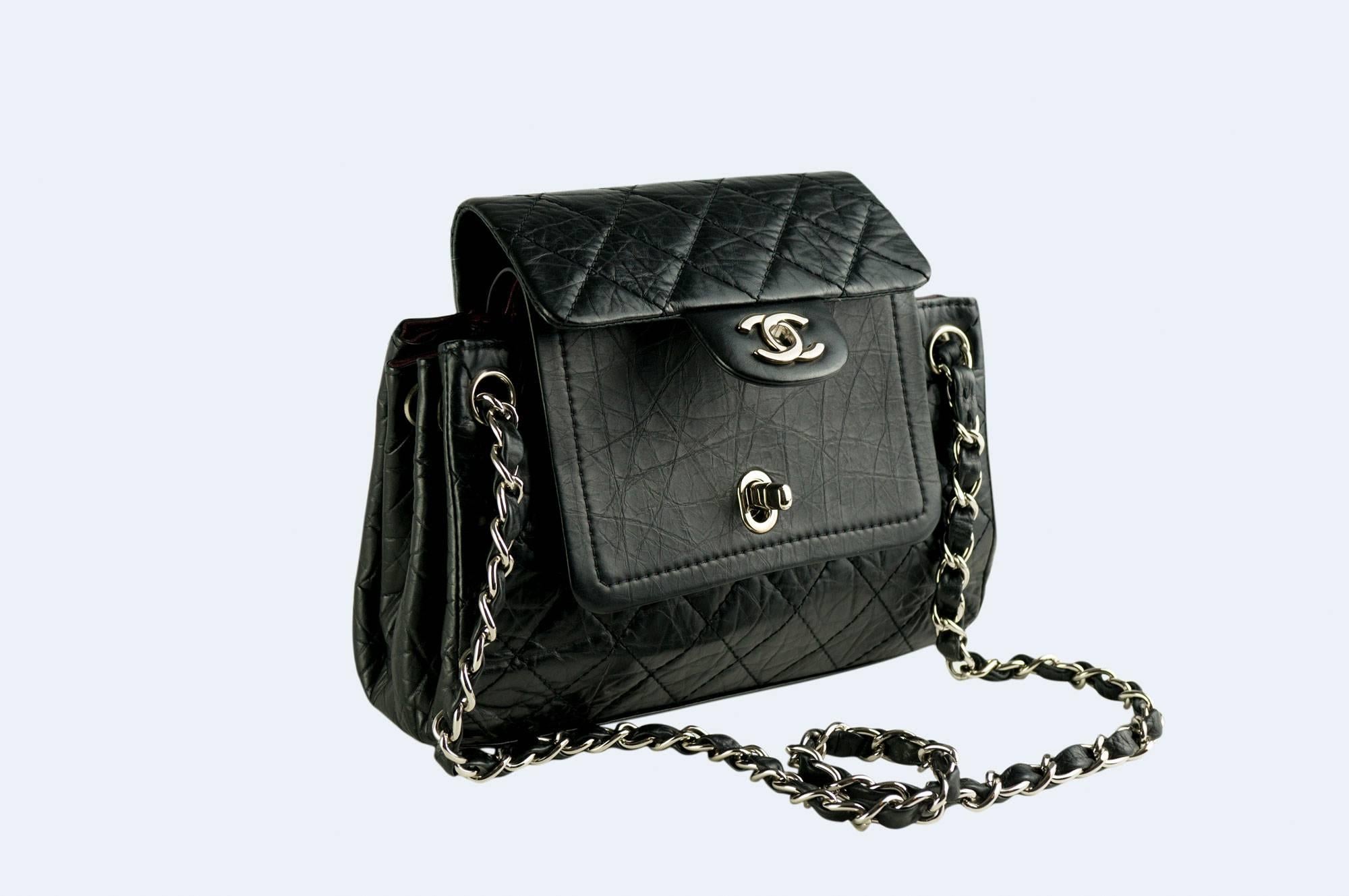 Black Chanel Limited Edition Distressed Calfskin Classic Double Flap Bag For Sale