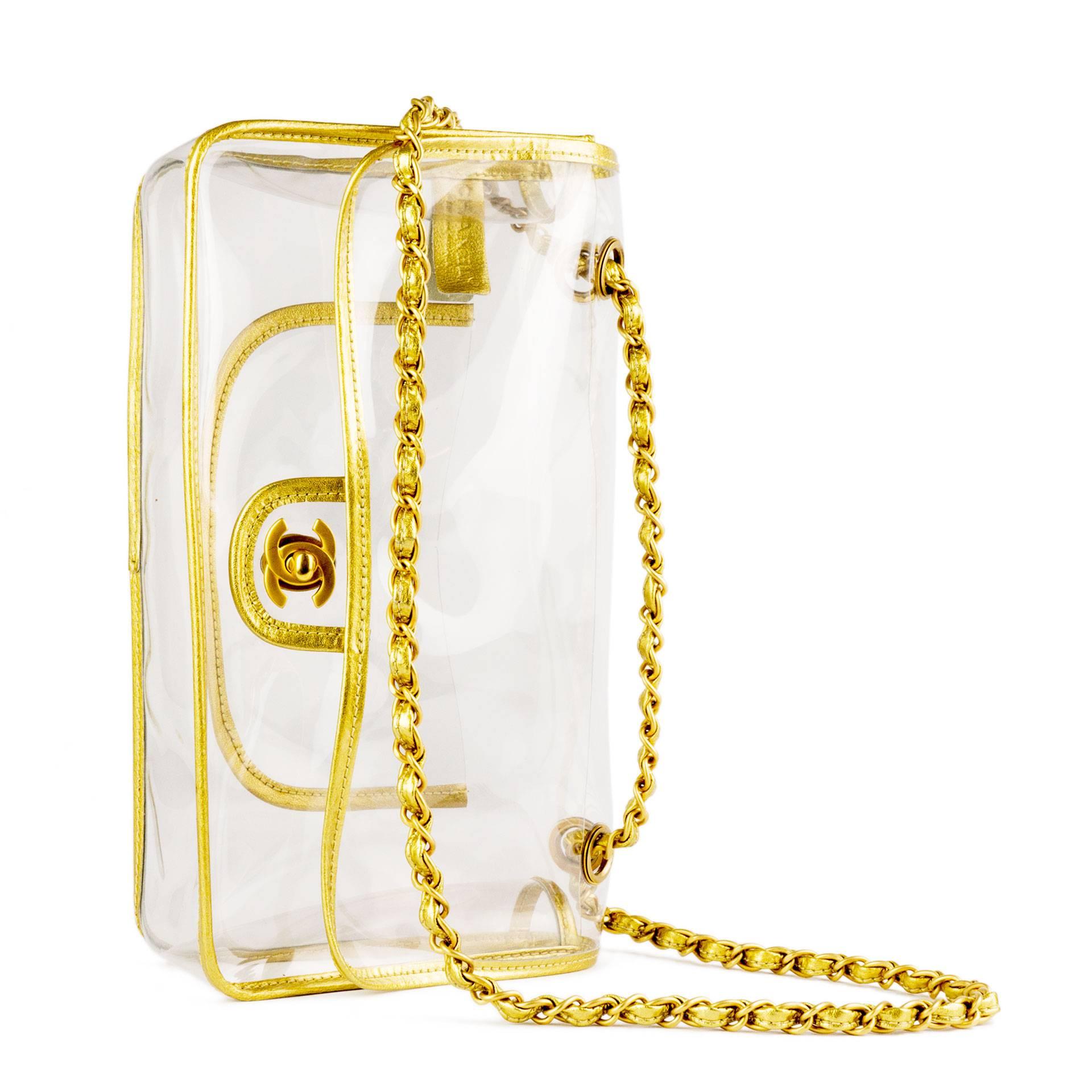 Women's Chanel  Rare Vintage Transparent Clear Naked Gold Classic Medium Flap Bag For Sale