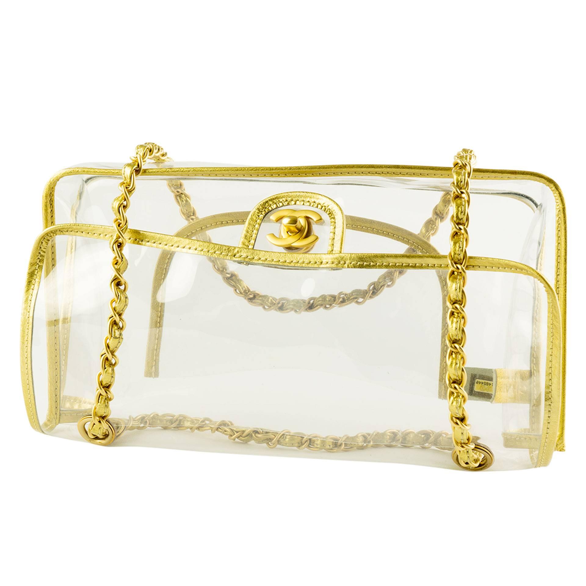 Chanel  Rare Vintage Transparent Clear Naked Gold Classic Medium Flap Bag In Good Condition For Sale In Miami, FL
