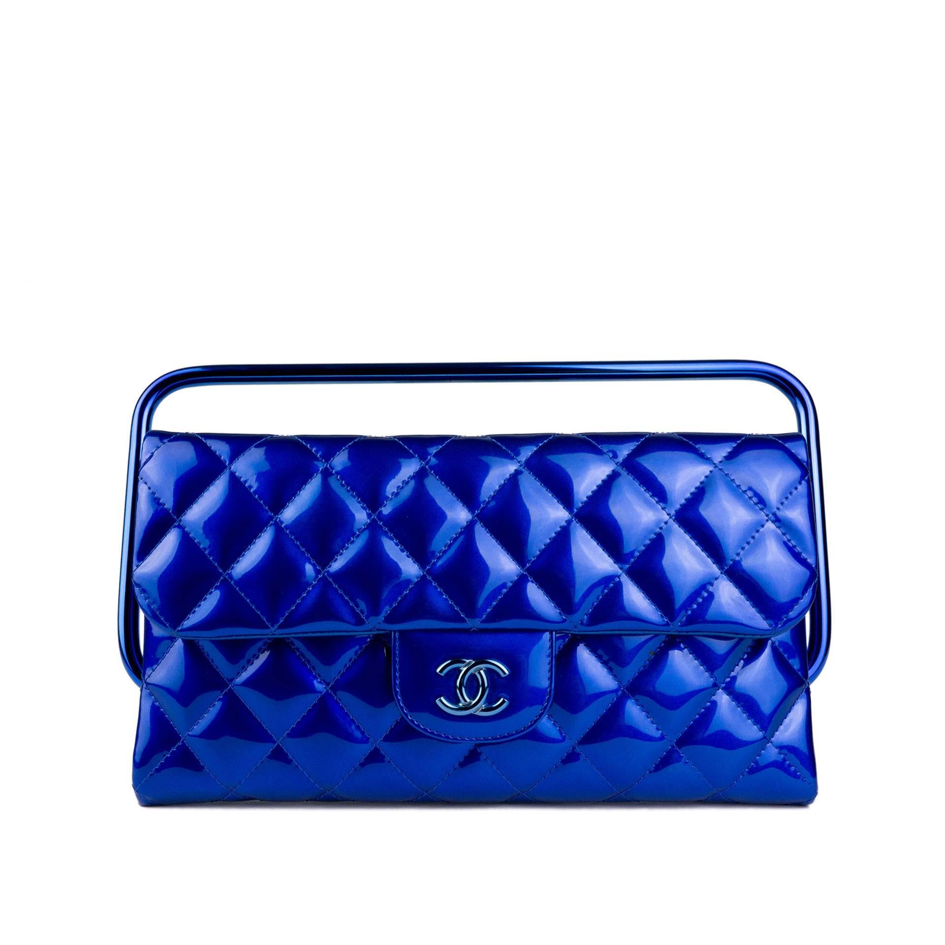 Chanel 2014 Electric Blue Patent Leather Quilted Retractable Frame Clutch Bag For Sale 1