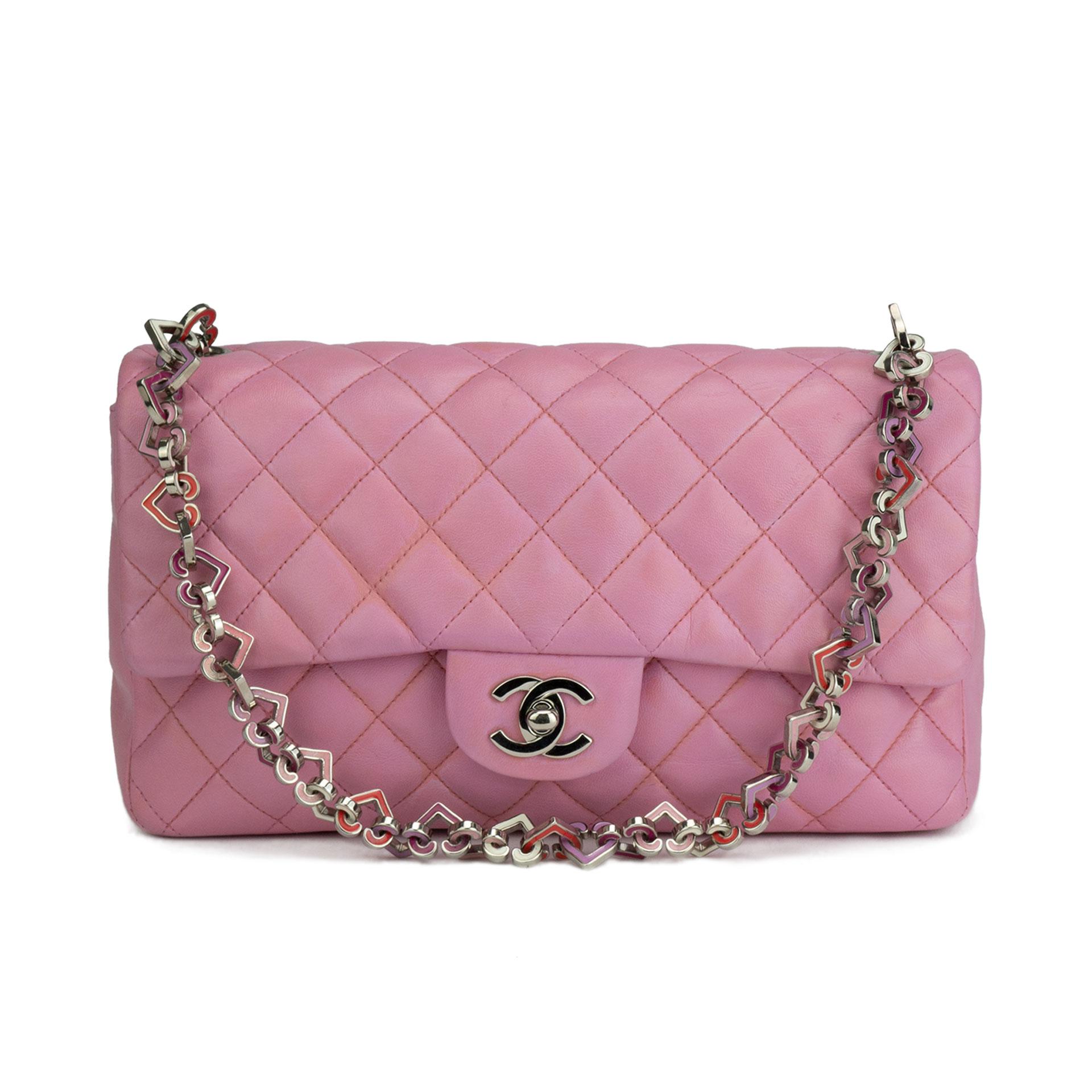 Chanel Limited Edition Valentines Rare Heart Charm Pink Classic Flap In Fair Condition In Miami, FL