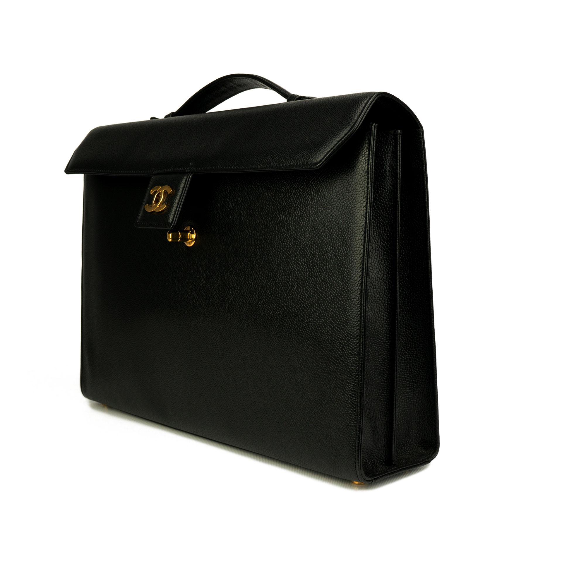 Black Chanel 1997 Rare Vintage Caviar Flap Executive CC Briefcase Portfolio Laptop  For Sale