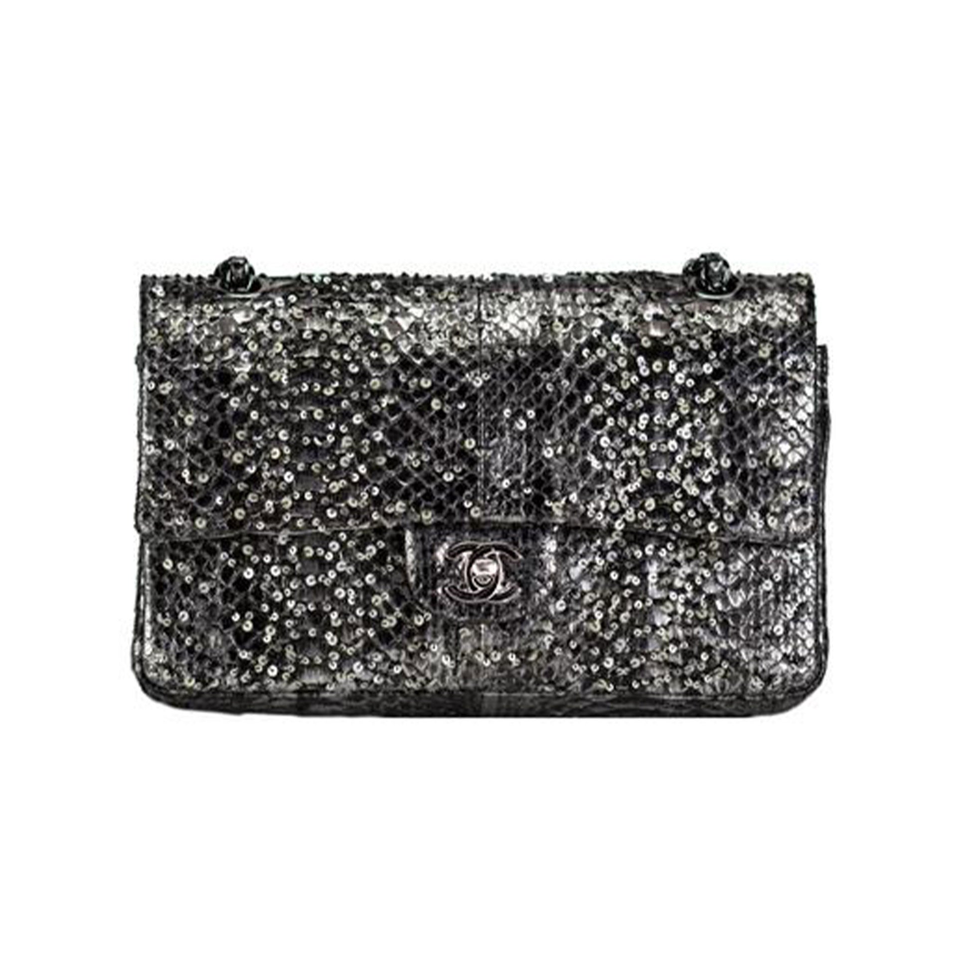 Chanel 2014 Classic Flap Exotic Limited Edition Metallic Grey Python Bag