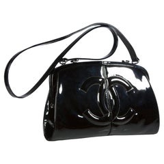 Chanel 2007 Double Twin Split Frame Runway Black Patent Leather Cross Body Bag