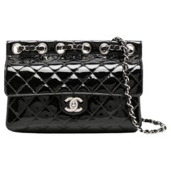 Used Chanel Classic Flap Supermodel Super Rare Quilted Black Patent Leather Bag