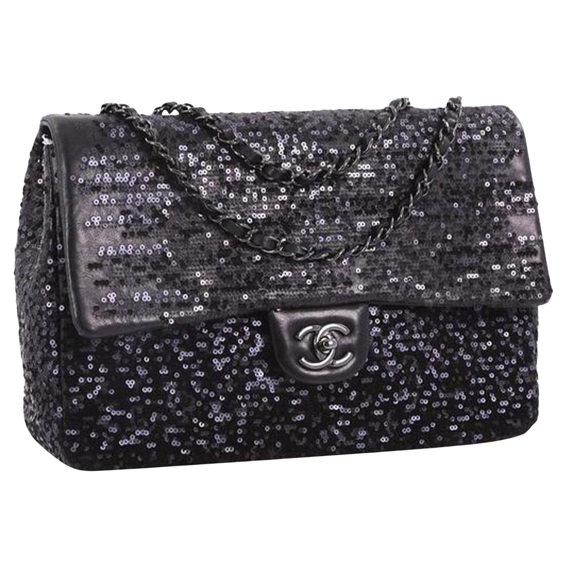 Chanel 2011 Classic Flap So Classic Jumbo Maxi Black Sequins Shoulder Bag For Sale