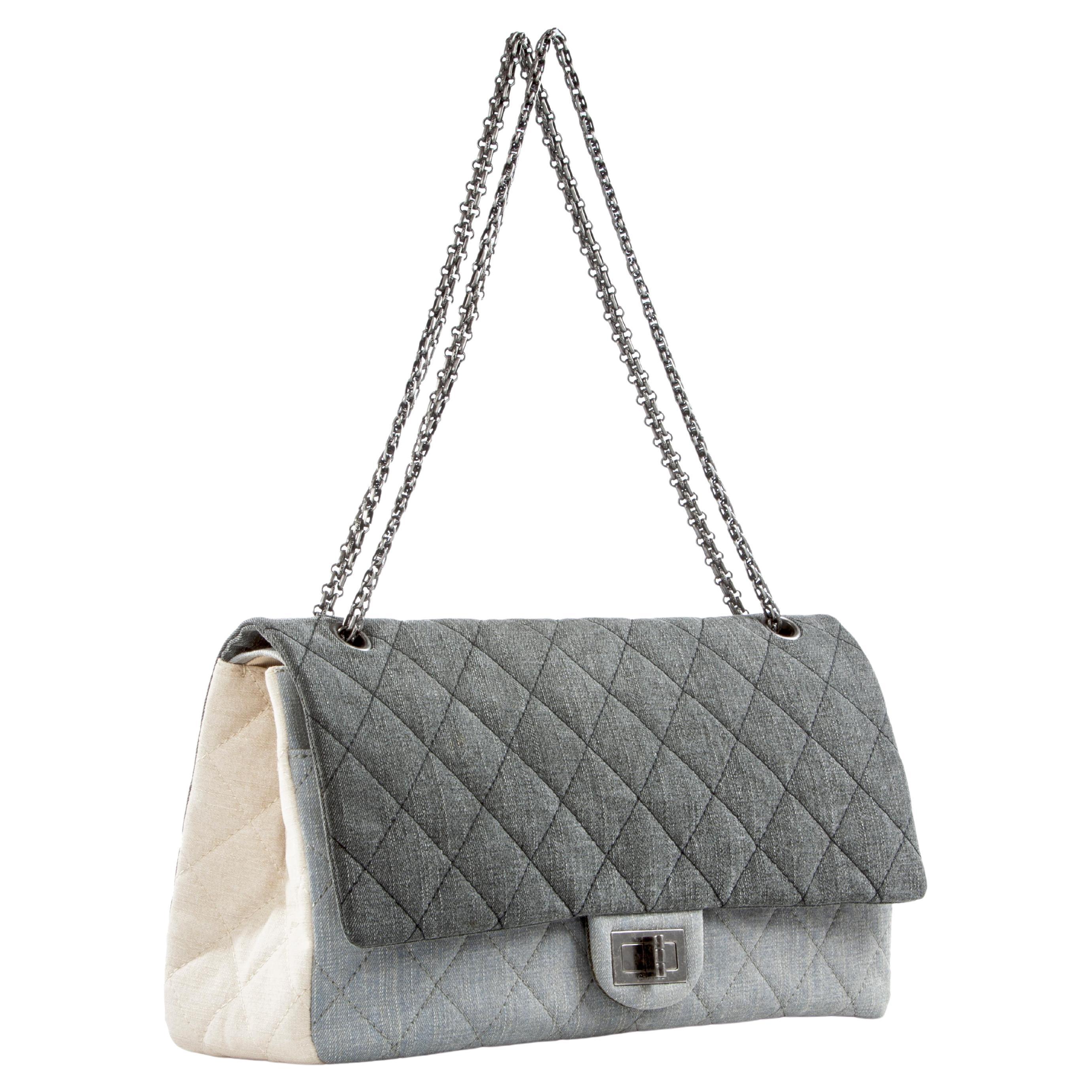 Chanel 2.55 Grey Reissue Canvas Denim Classic Double Flap Maxi Limited Edition  For Sale