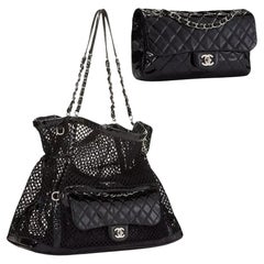  2 In 1 Chanel Shopping Classic Flap Cruise Mesh Woven Crochet Black Patent Bag