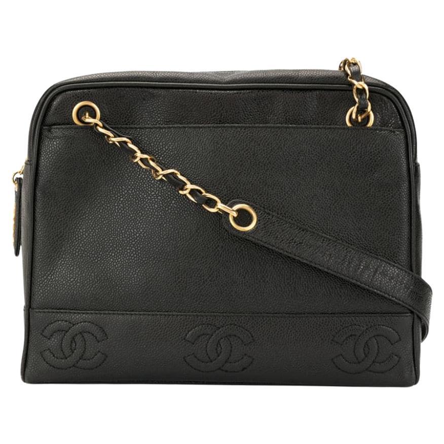 Chanel 1996 Vintage Caviar Negro Bolso Tote con Hombro Triple CC Cosido