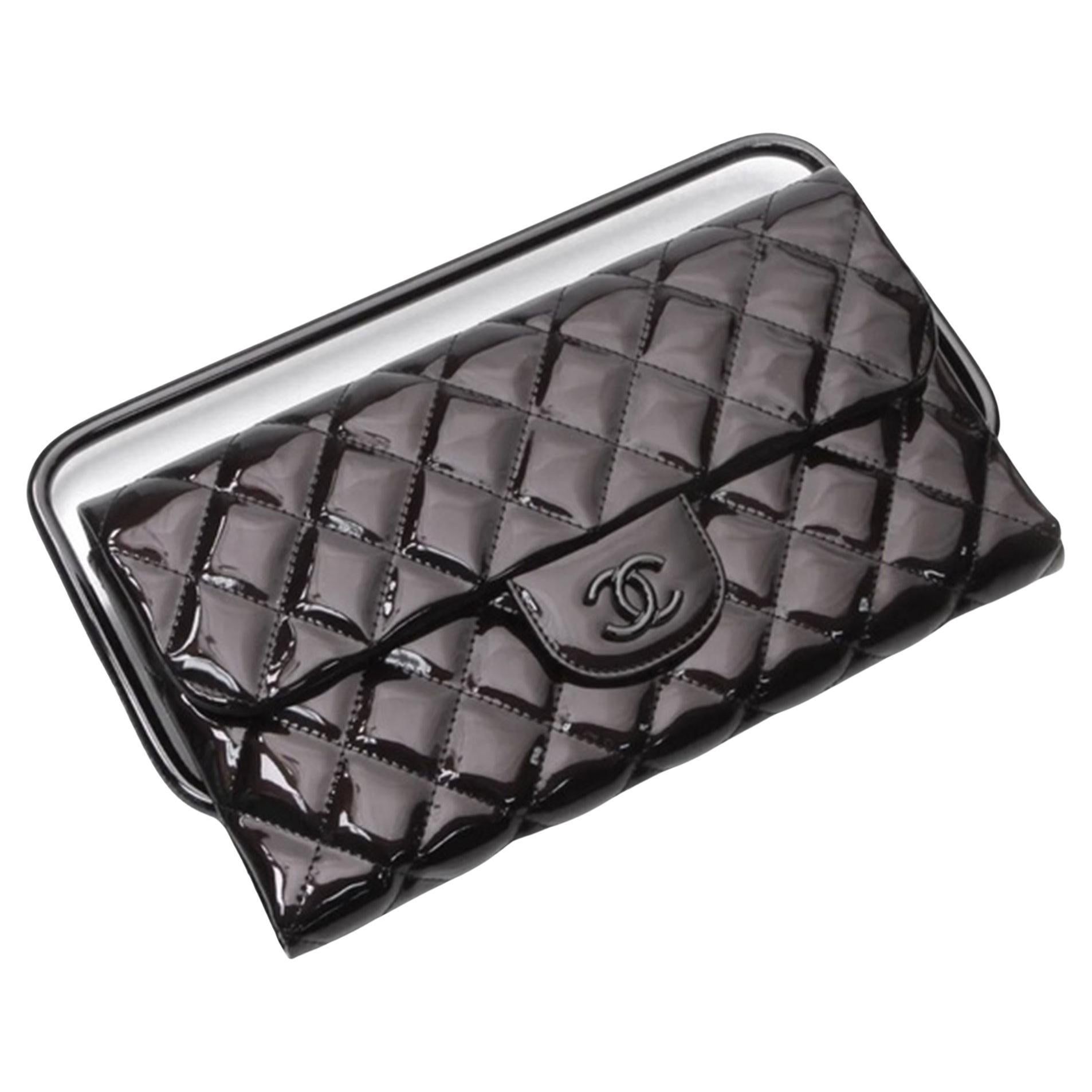 Chanel Classic Flap Patent Black Frame Clutch For Sale
