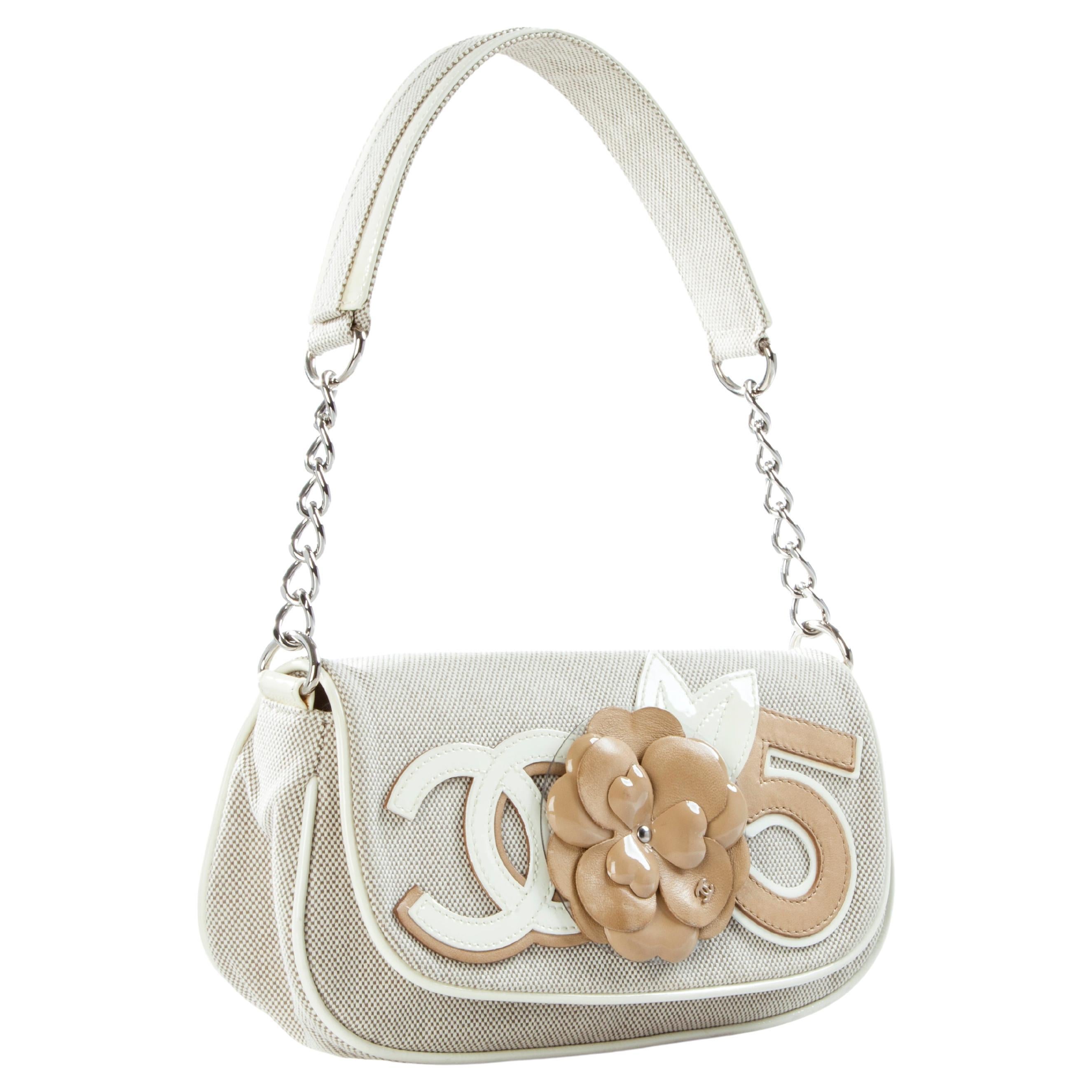 Chanel 2005 Vintage Beige Camelia Canvas Small Flap Bag