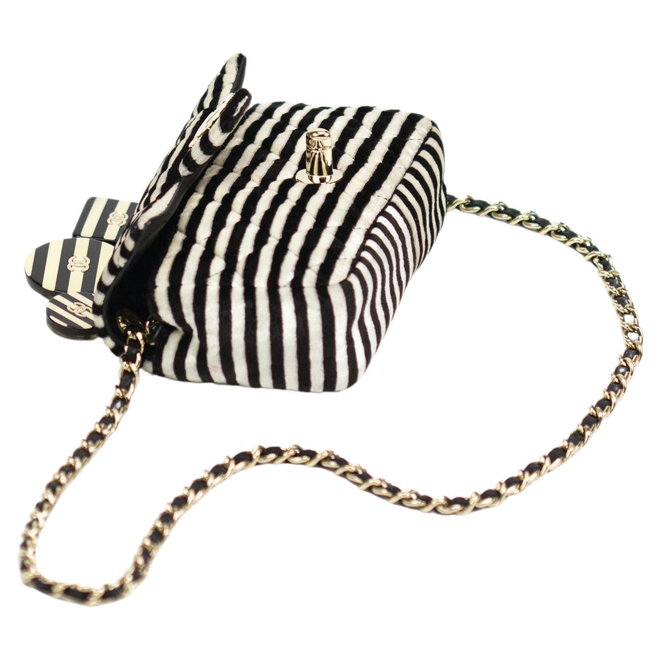 Chanel Vinatage Rare Striped Micro Mini Charm Velvet Crossbody Classic Flap Bag For Sale 4
