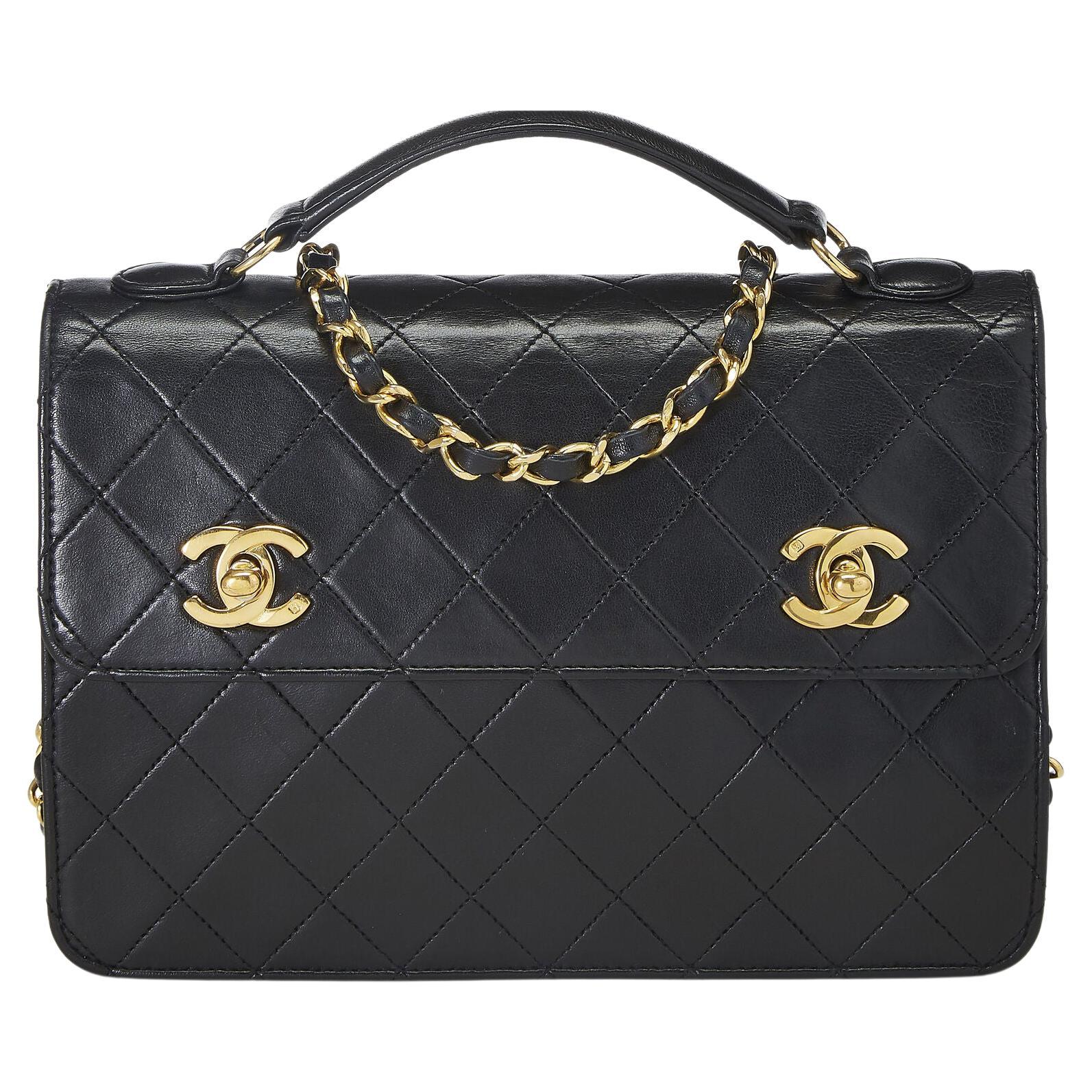 Chanel Vintage Rare Black Quilted Lambskin 2 Turnlock Small Crossbody Briefcase