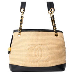 Chanel Retro 1994 Vintage Biege Woven Straw Raffia & Lambskin Leather Tote Bag