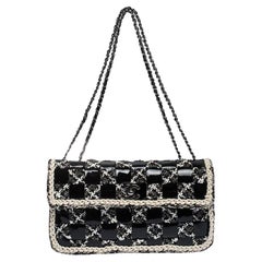 Chanel Black White Tweed Used Interwoven Classic Flap Bag