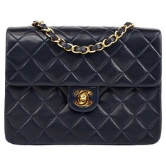 Chanel Navy Blue Lambskin Small Square Vintage 90s Classic Flap Bag 