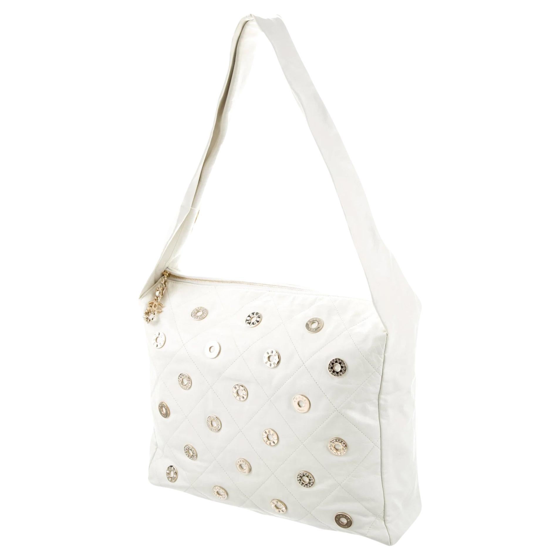 Chanel Rare Vintage 22 White Quilted Swarovski CharmShoulder Hobo Tote Bag For Sale