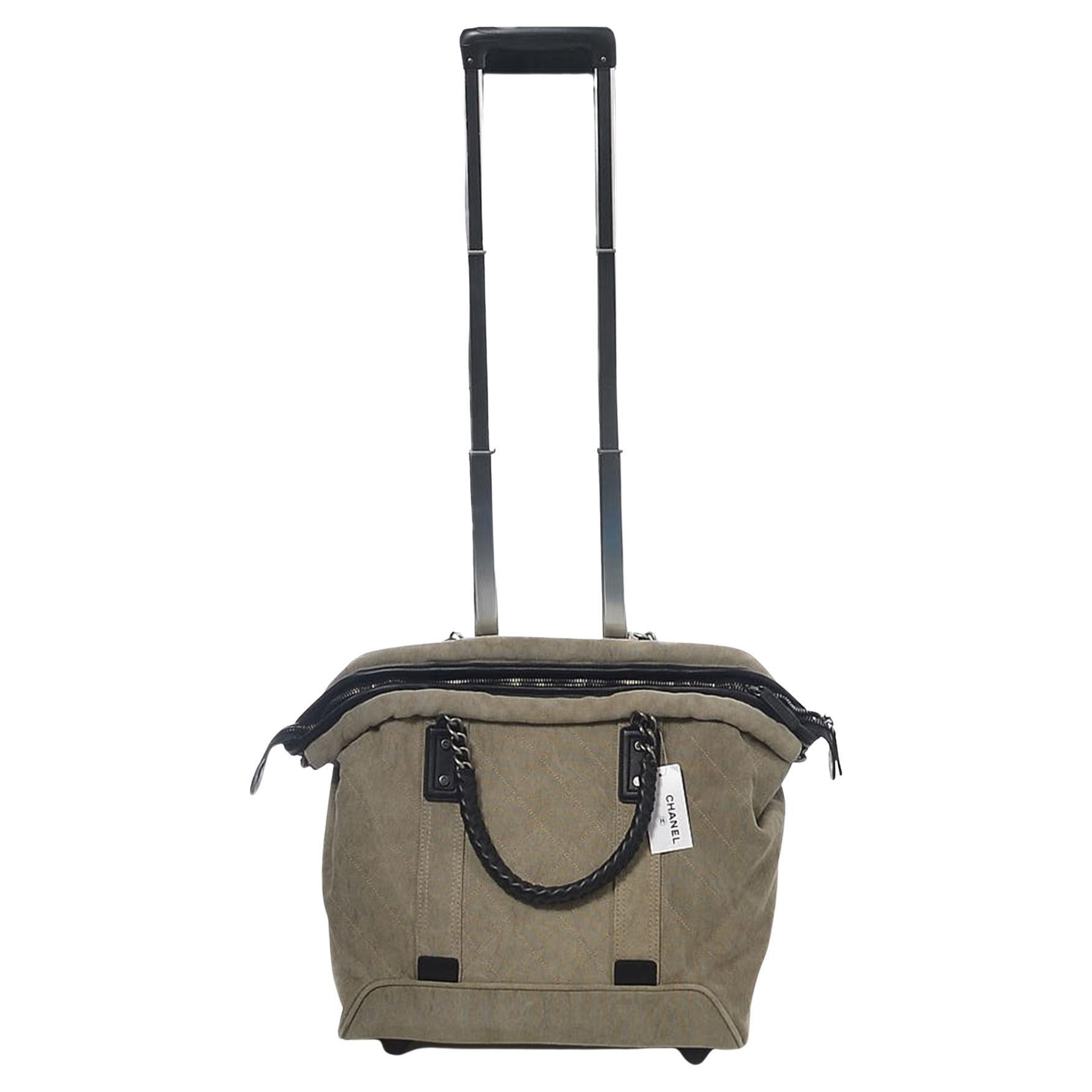 Chanel Travel Taupe Quilted Canvas Lambskin Rolling Carry On Suitcase