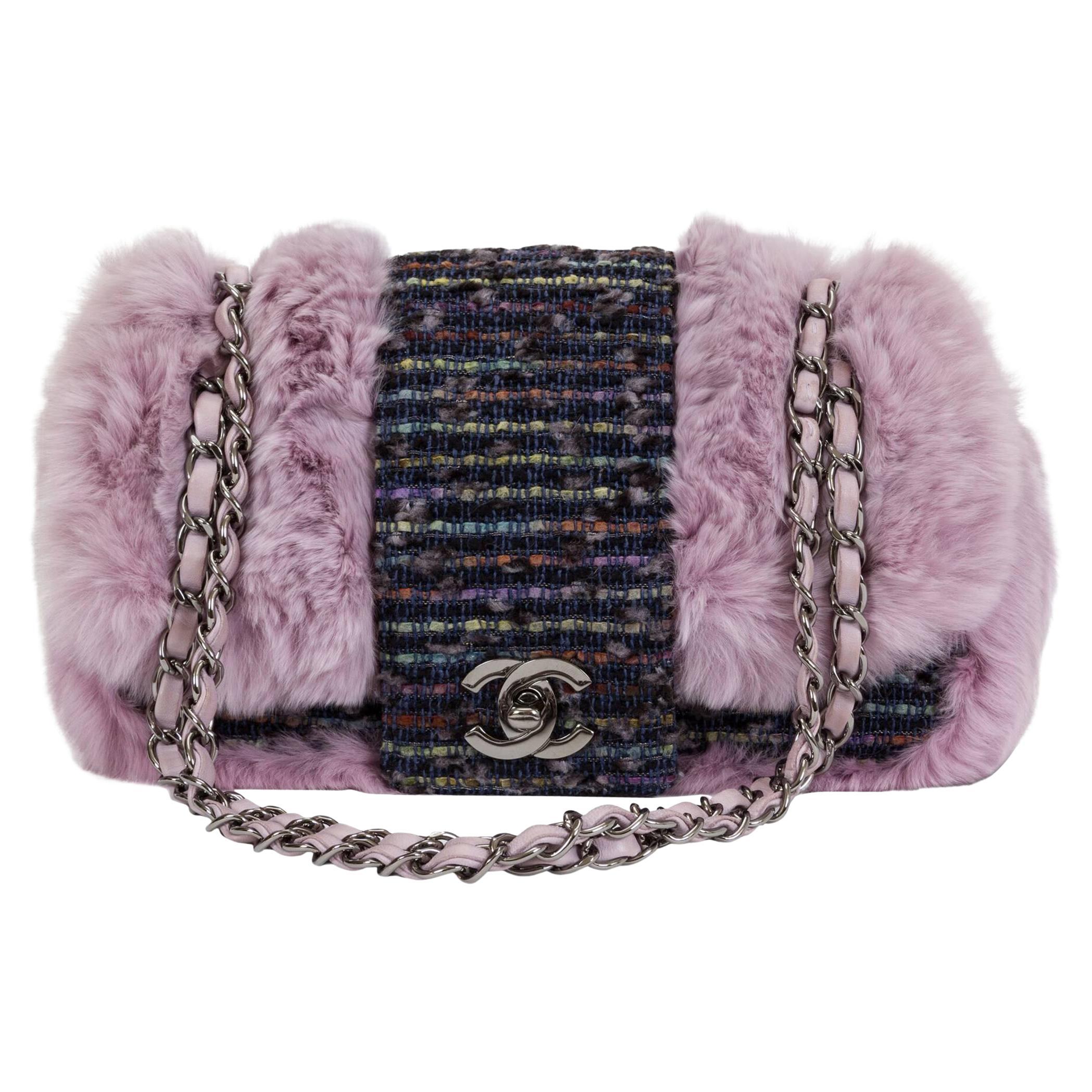 Chanel Rare 2005 Vintage Classic Flap Pink & Grey Tweed Fur Cross Body Bag