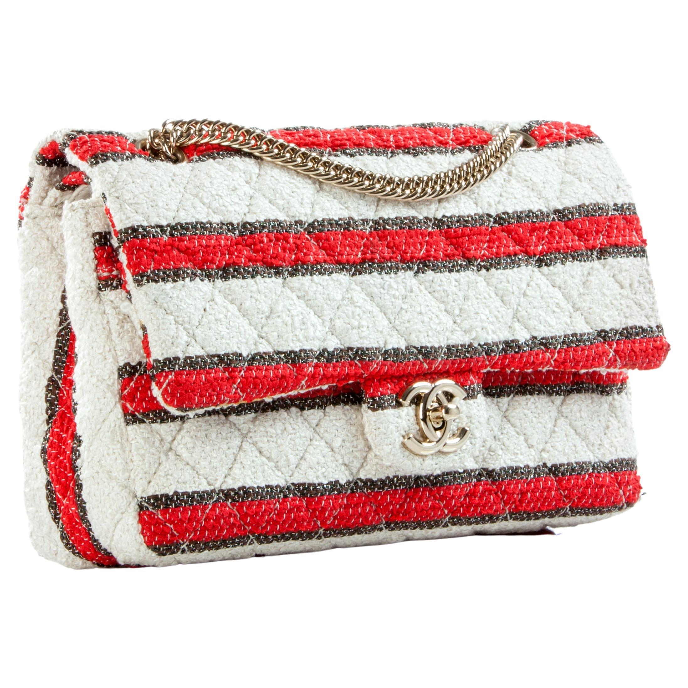 Chanel Rare 2009 Medium Classic Flap Bag Red White Stripe Tweed Shoulder Bag  For Sale