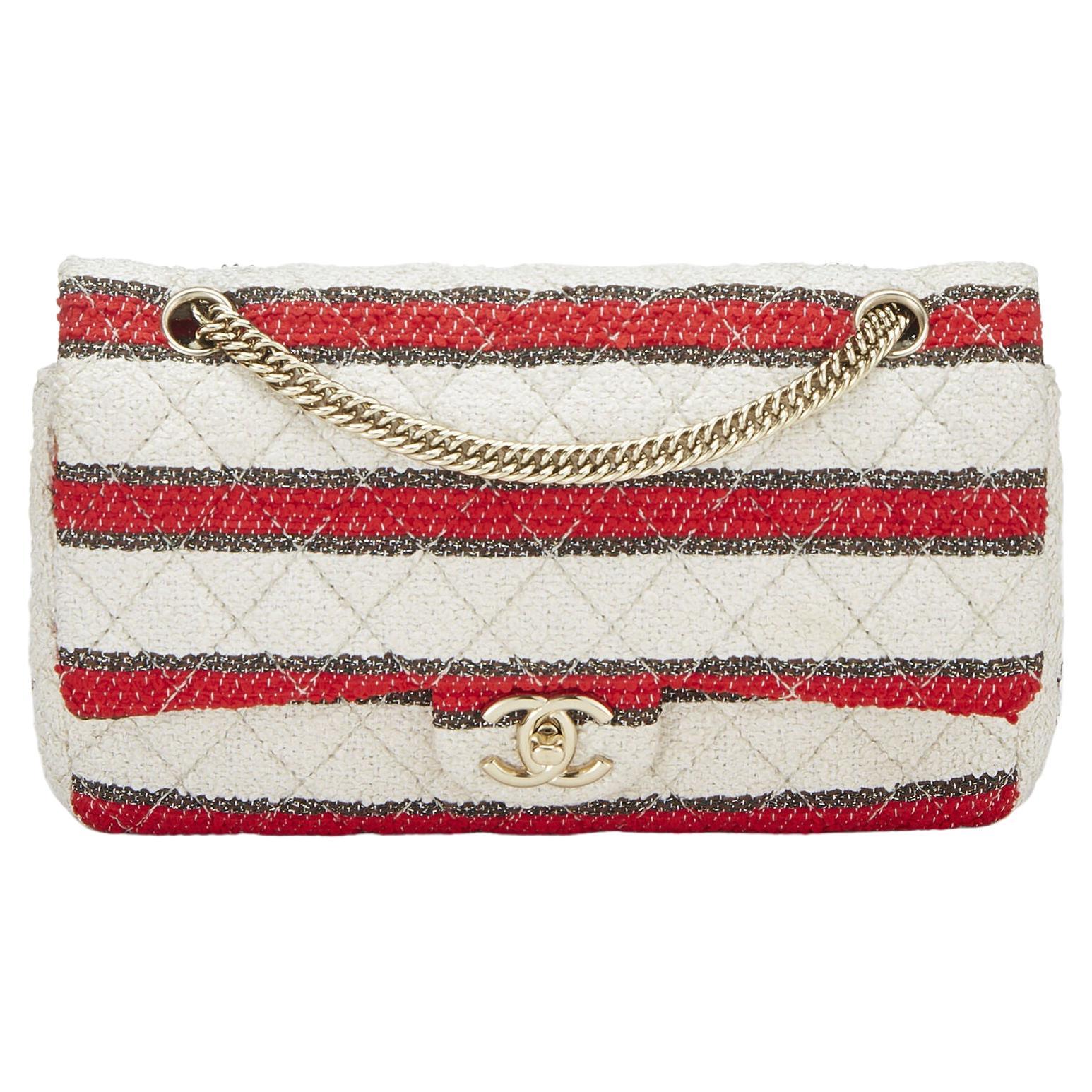 Chanel Rare 2009 Medium Classic Flap Bag Red White Stripe Tweed Shoulder Bag  For Sale 1