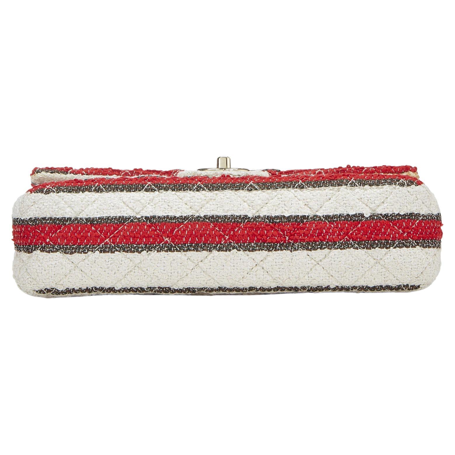 Chanel Rare 2009 Medium Classic Flap Bag Red White Stripe Tweed Shoulder Bag  For Sale 4