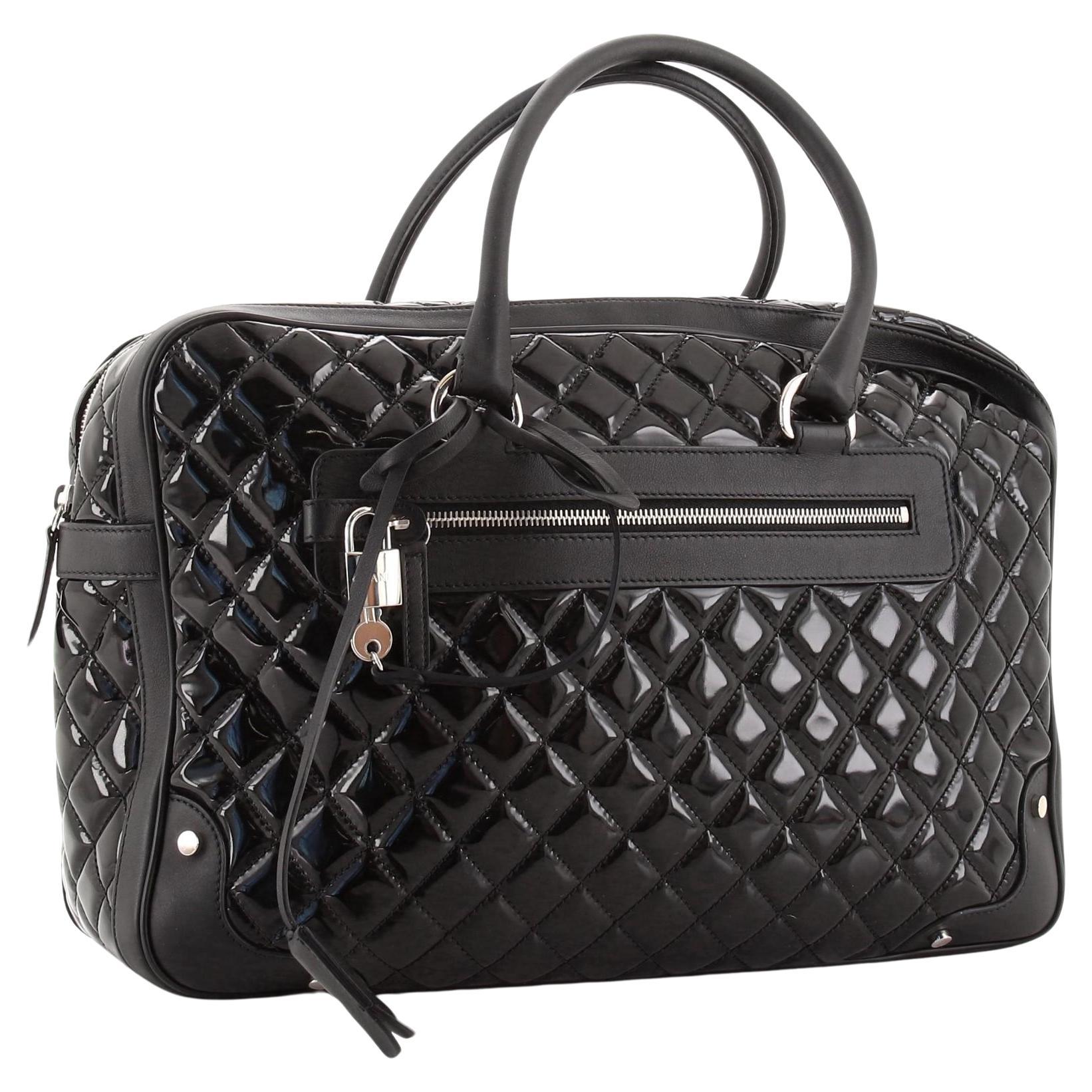 Chanel 2015 Timeless Quilted Carry-on Travel Tote Royal Black Patent Leather Bag For Sale
