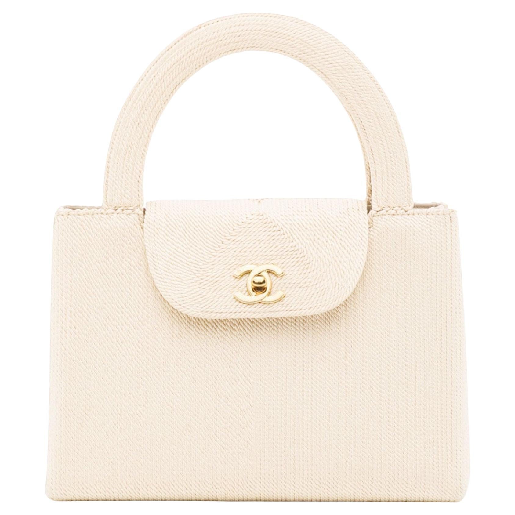 Chanel 1997 Seltene Kelly Klappentasche aus gewebter Seide Vintage Top Handle Off White Beige Kelly Flap Bag 