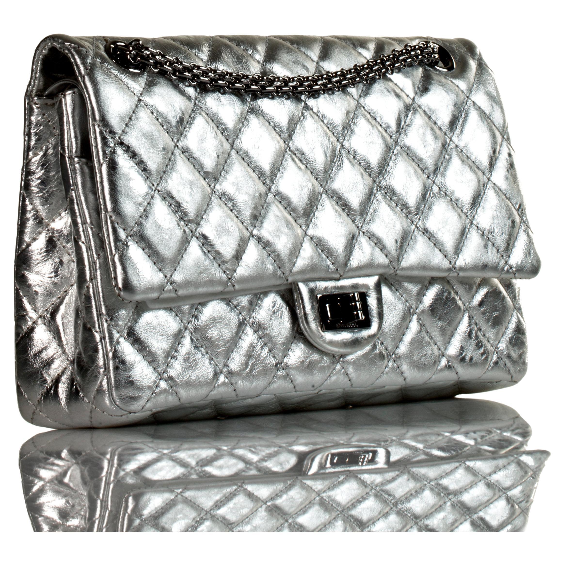 Chanel Metallic Silver Small Calfskin Reissue Double Classic Double Flap  For Sale