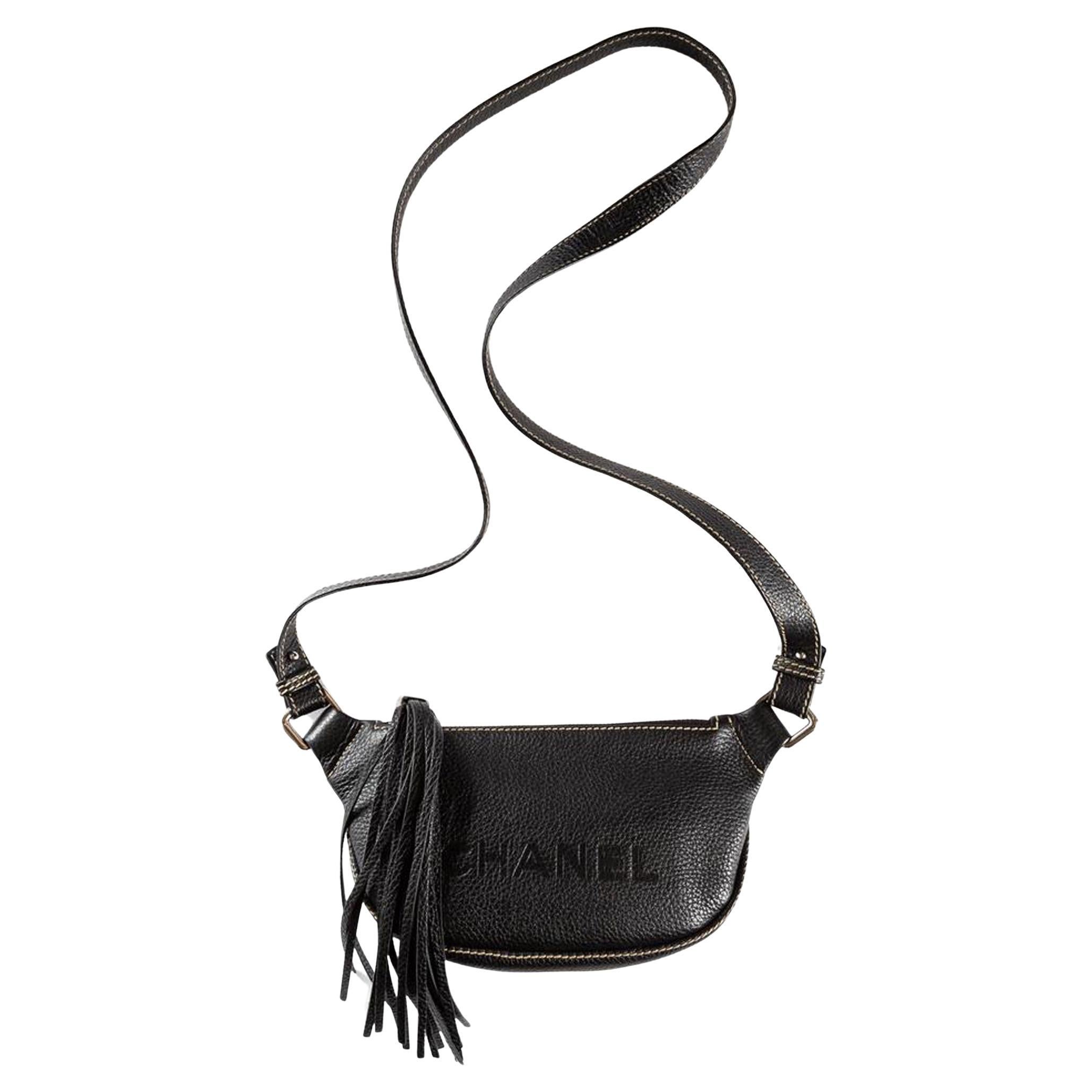 Chanel 2002 Pebbled Leather Whipstitch Crossbody Tassel Fringe Pouch Bag For Sale