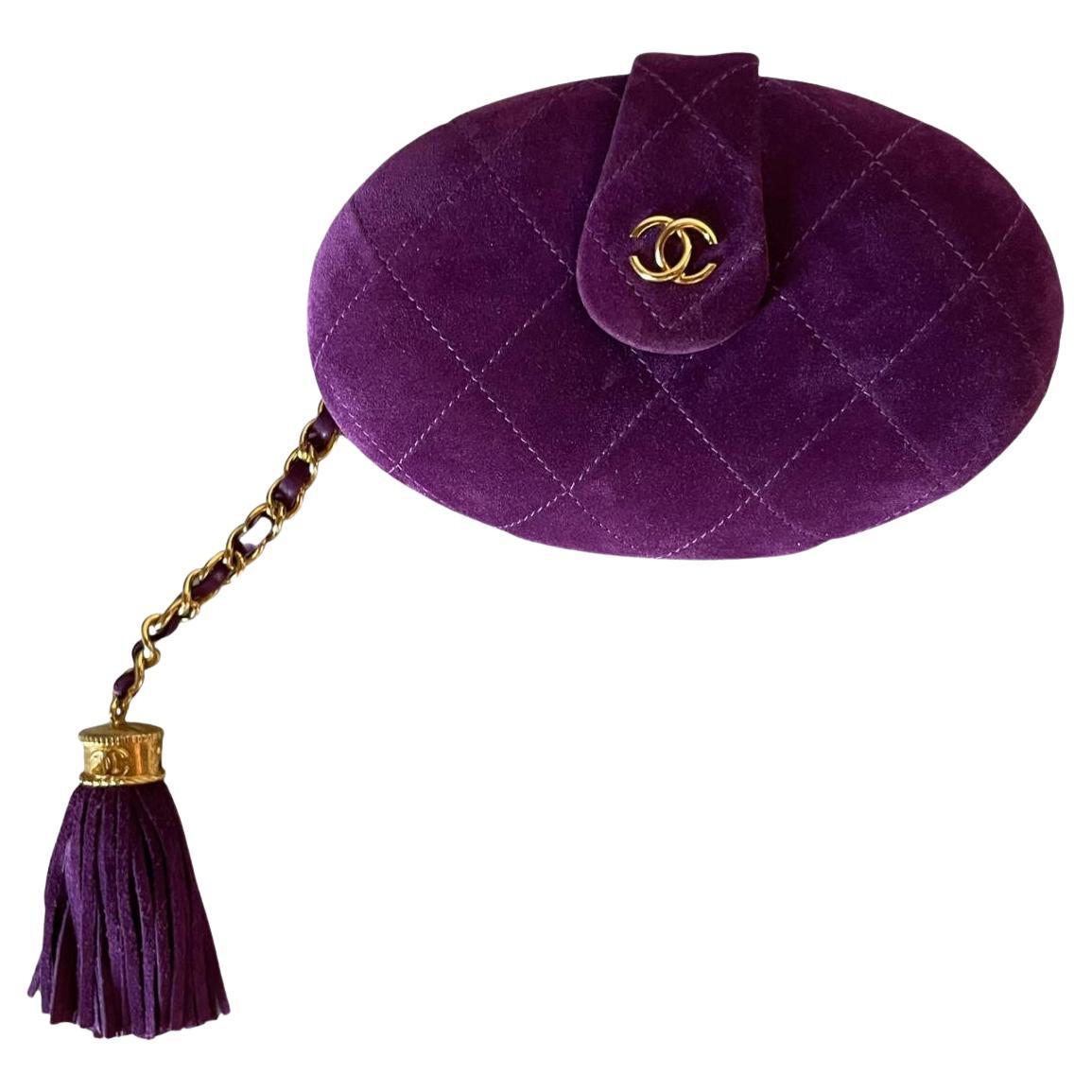Chanel Rare 1994 Vintage Purple Suede Quilted Gold CC Tassel Minaudière Clutch For Sale