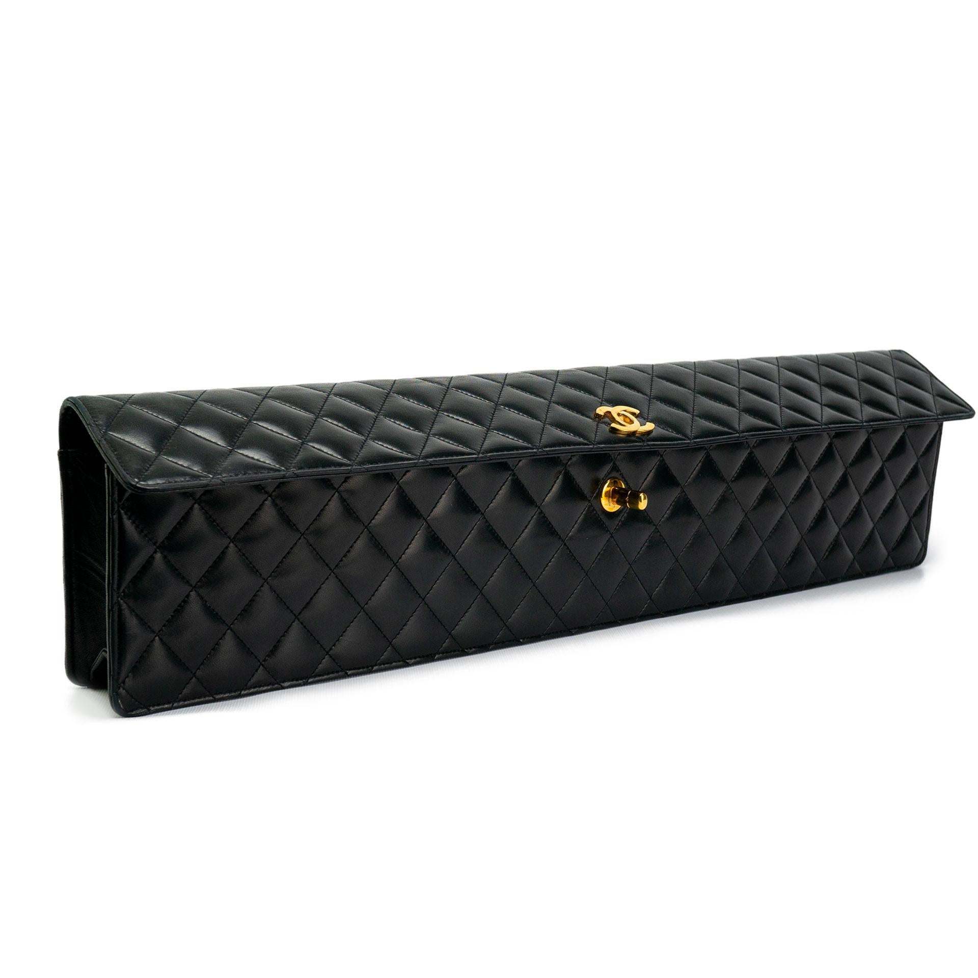 Chanel 1989 Black Lambskin Extra Long Elongated Classic Flap Clutch For Sale 2