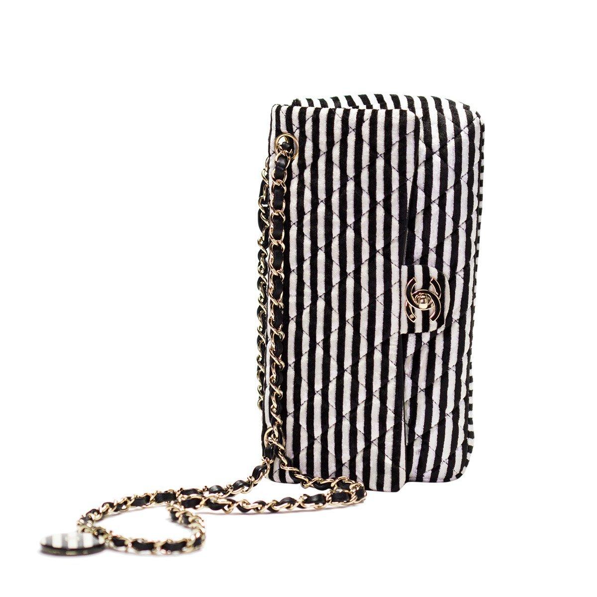 Women's Chanel 2006 Vintage Striped Classic Flap Velour Velvet Black White Crossbody Bag For Sale