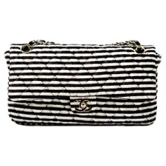 Chanel 2006 Vintage Striped Classic Flap Velour Velvet Black White Crossbody Bag