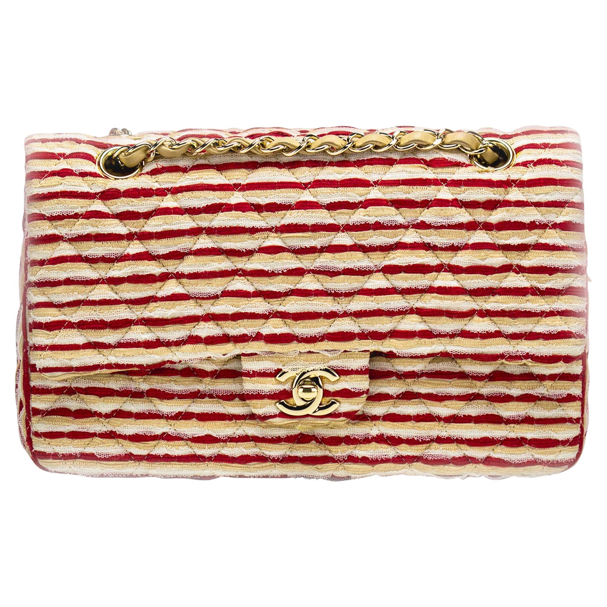 Chanel Medium Classic Vintage Striped Red and Beige Double Flap Bag 