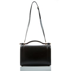 Hermes Calf Box Travel Vanity Train Case Wood Handle Black Calfskin Leather Bag