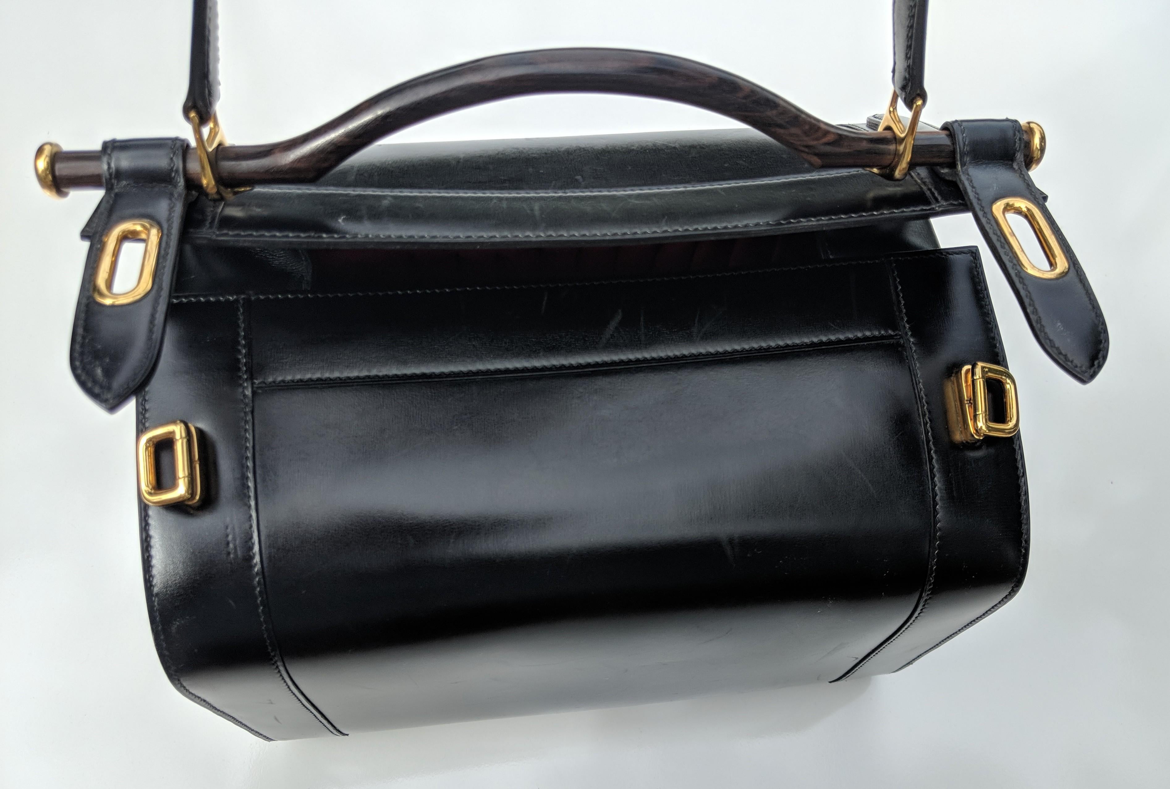 Women's Hermes Calf Box Travel Vanity Train Case Wood Handle Black Calfskin Leather Bag