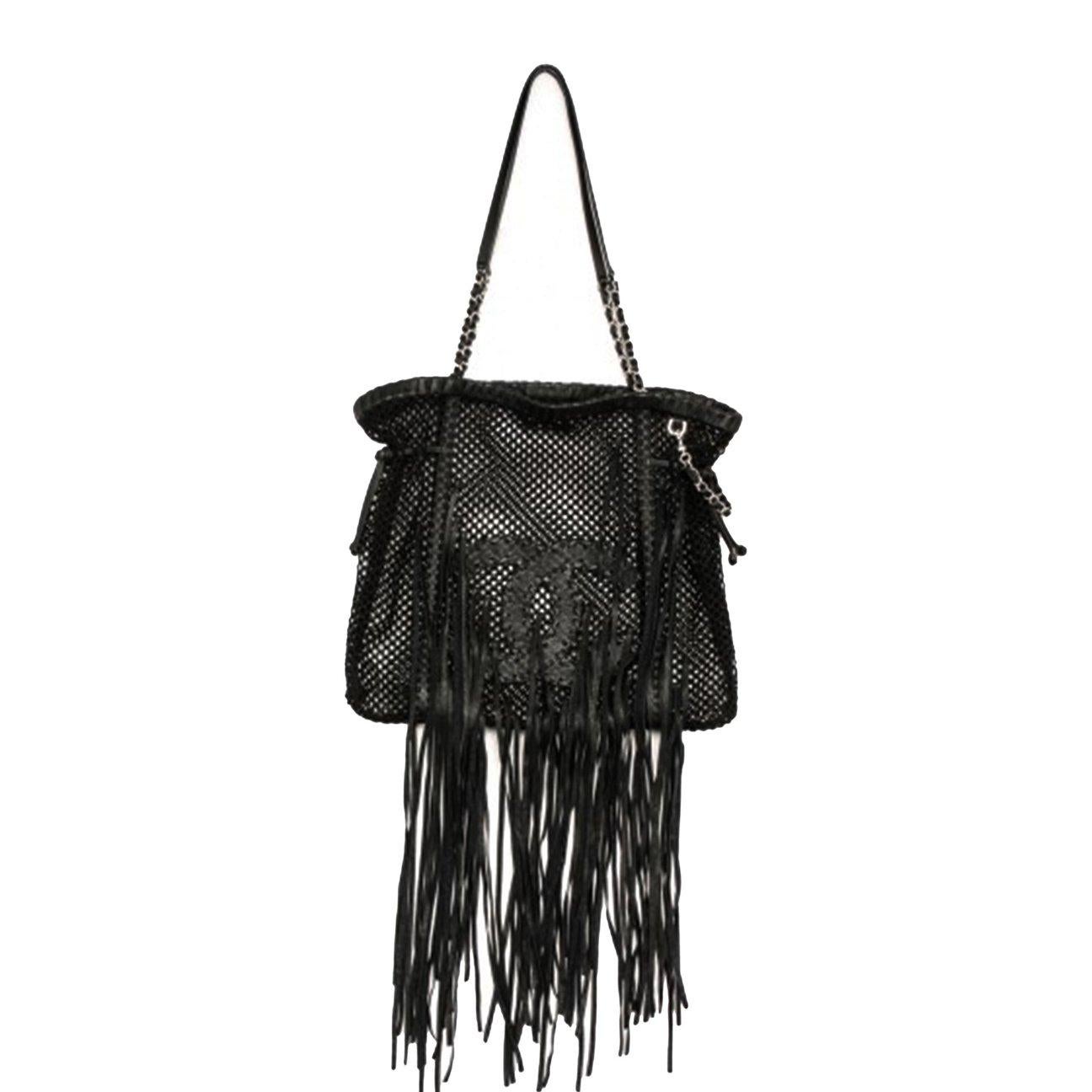 Chanel Limited Edition Resort Fringe Mesh Black Leather Large Tote Rare Soldout In Excellent Condition For Sale In Miami, FL